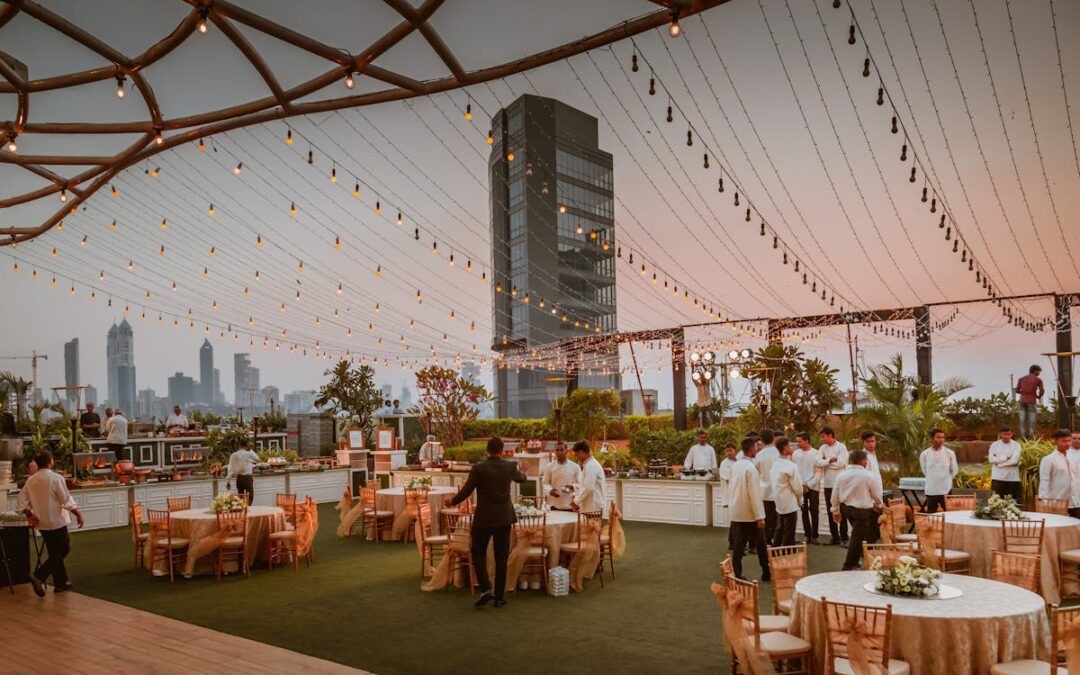 a caterer on a roof getting ready for people